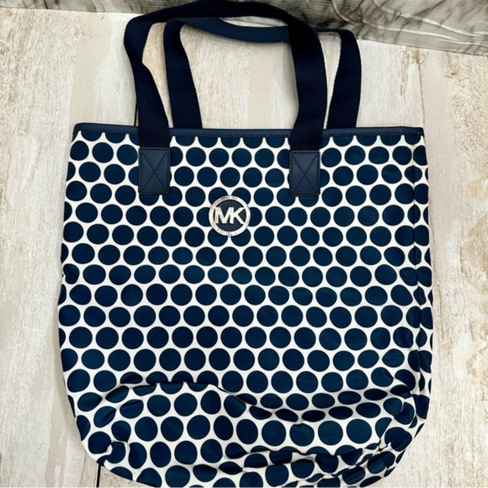Michael Kors Dark Blue and White Polka Dot Nylon Double Handled Tote Carry All